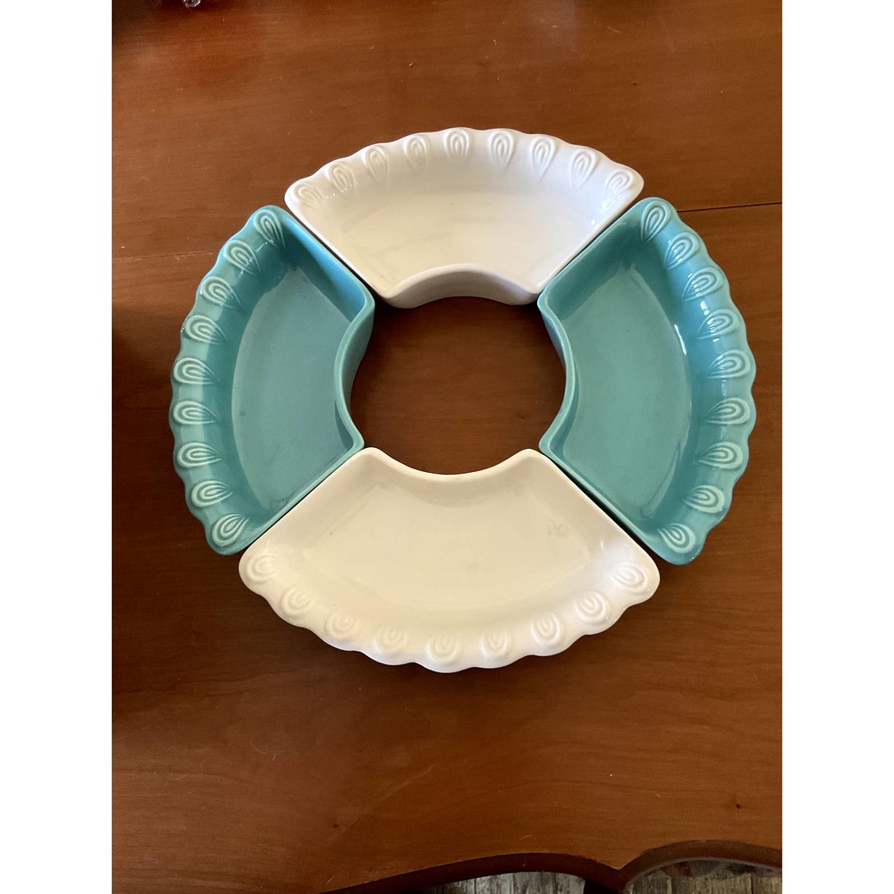 California Pottery USA MCM Lazy Susan Replacement Dish Turquoise  and White L74